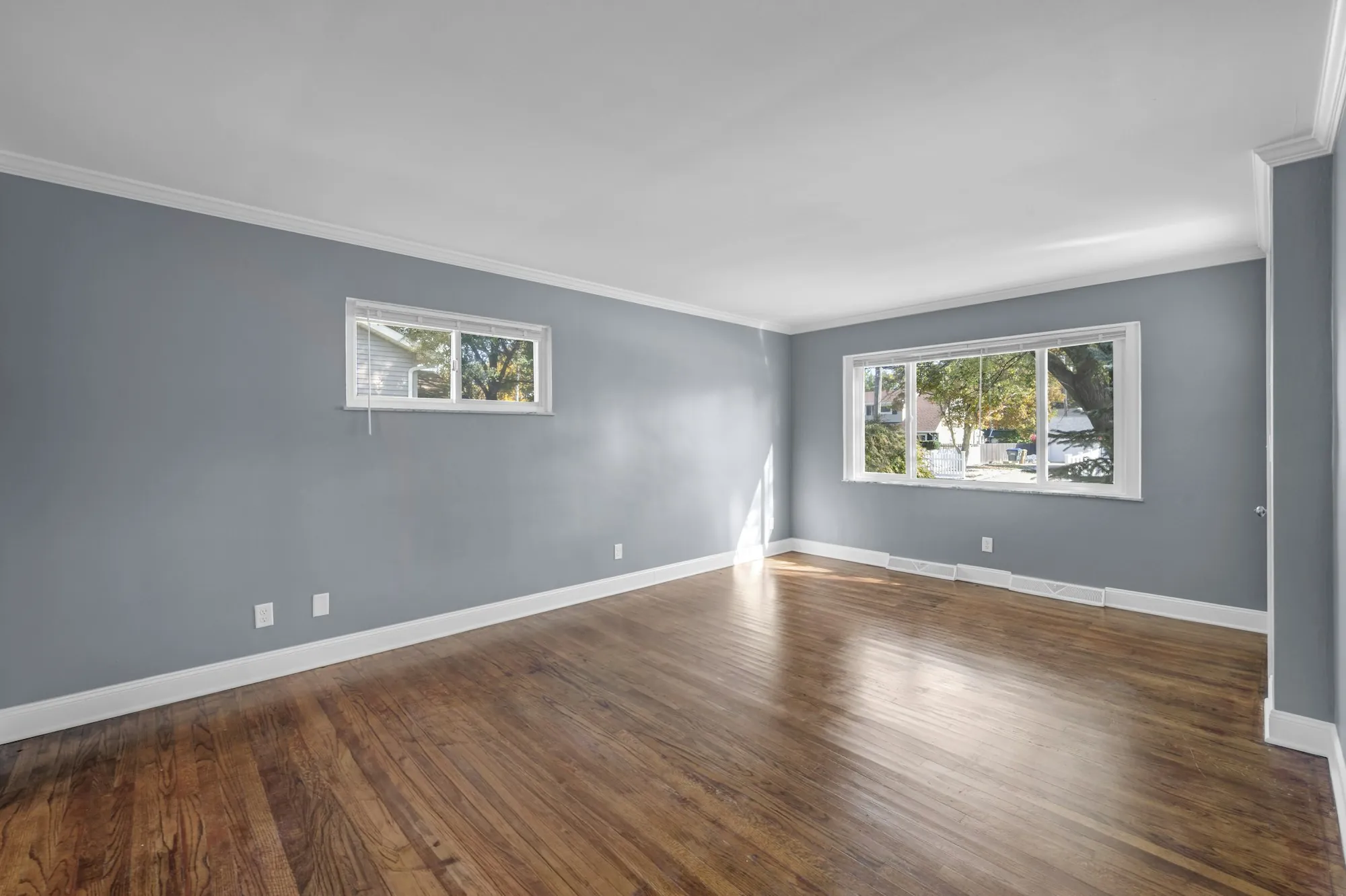 Freshly painted gray-blue living room with hardwood floors and white trim
